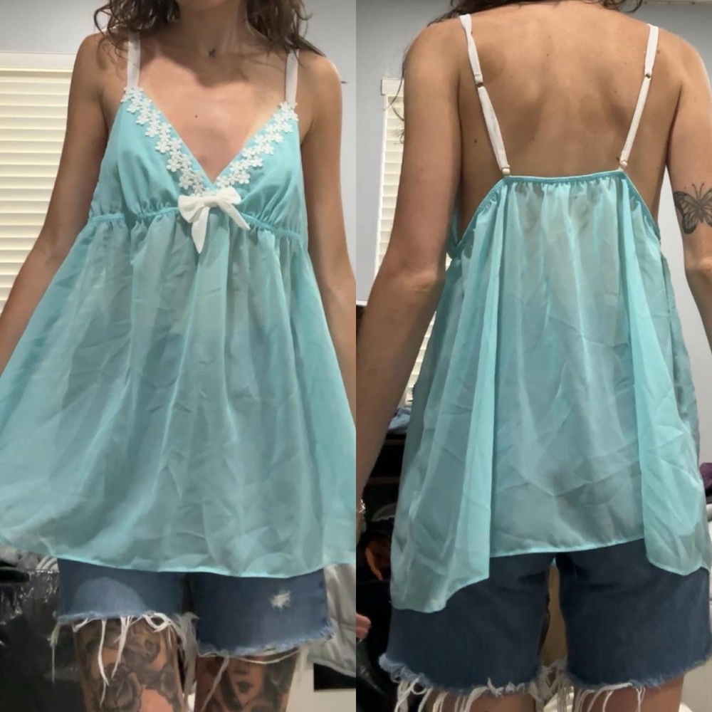 Flora Nikrooz Sheer Light Blue Babydoll Lingerie Slip Dress w White Lace & Bow